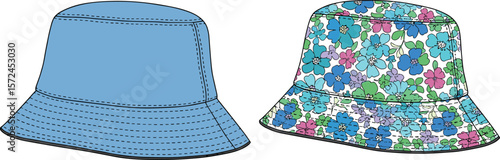 Colorful Bucket Hats with Floral and Solid Patterns, Casual Summer Headwear Fashion Illustration for Designers