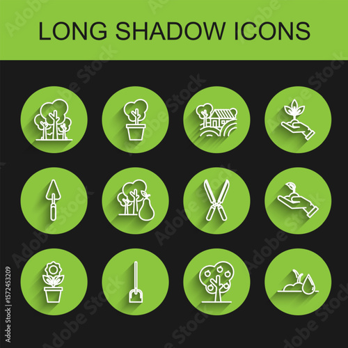 Set line Flower in pot, Shovel, Trees, with apple, Watering sprout, pears, Sprout hand of environmental protection and Gardening handmade scissors for trimming icon. Vector