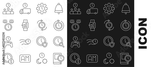 Set line Time for book, Magnifying glass with clock, Clock arrow, Management, Smartwatch, and icon. Vector