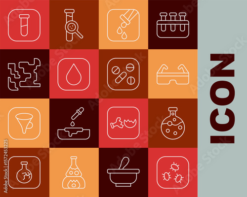 Set line Bacteria, Test tube and flask, Safety goggle glasses, Water drop, Gaseous, and Medicine pill or tablet icon. Vector