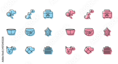 Set line Veterinary clinic symbol, Pet carry case, Aquarium with fish, Turtle, Protective cone collar and icon. Vector