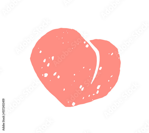Doodle pink peach with abstract heart shape. Icon of organic exotic fruit. Healthy tropical food. Natural eating, garden crop. Flat isolated hand drawn vector illustration on white background