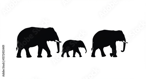 Silhouette of three elephants, a mother and two calves, walking in a row.