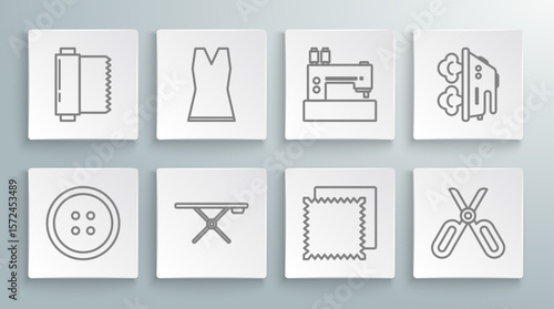 Set line Sewing button for clothes, Woman dress, Ironing board, Textile fabric roll, Scissors, machine, Electric iron and icon. Vector
