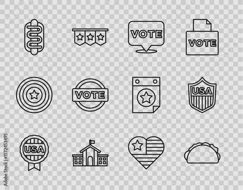 Set line Medal with star, Taco tortilla, Vote, United States Capitol Congress, Hotdog sandwich, USA Independence day and Shield stars icon. Vector