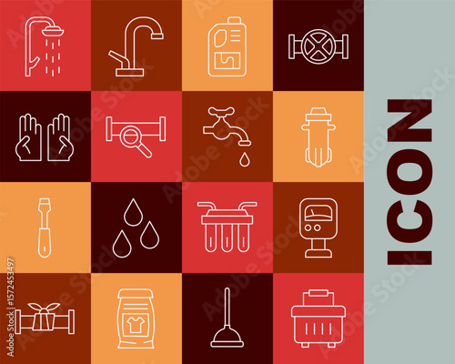 Set line Toolbox, Pressure water meter, Water filter, Drain cleaner bottle, Industry metallic pipe, Rubber gloves, Shower and tap icon. Vector