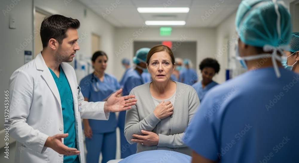 Fototapeta premium Concerned woman with hand on chest speaking to doctor in busy hospital corridor, surrounded by medical staff, expressing urgency, anxiety and healthcare crisis