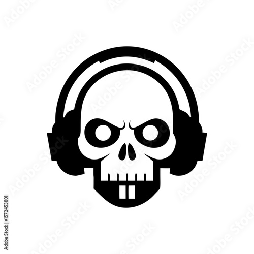 Gamer skull icon with headset and neon glow text for esports game culture and cool design