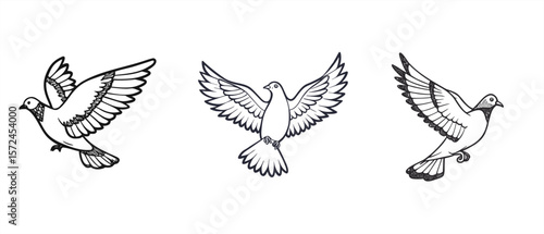 Set of hand-drawn flying dove illustrations in black and white – peace symbol bird line art design isolated on white background, perfect for tattoos, prints, logos, and graphic design projects

