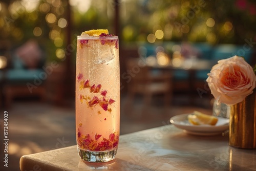Wallpaper Mural Refreshing raspberry rose lemonade spritzer served in a tall glass with ice, garnished with lemon slices and rose petals, creating a vibrant summer beverage experience Torontodigital.ca