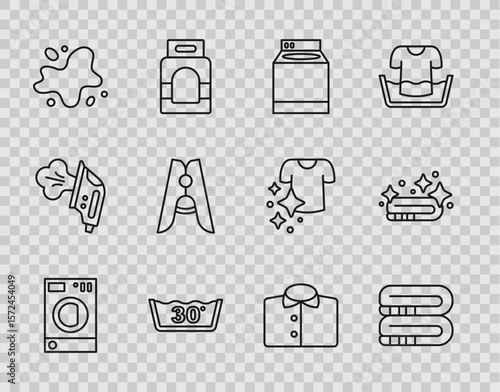 Set line Washer, Towel stack, Temperature wash, Water spill, Clothes pin, T-shirt and icon. Vector