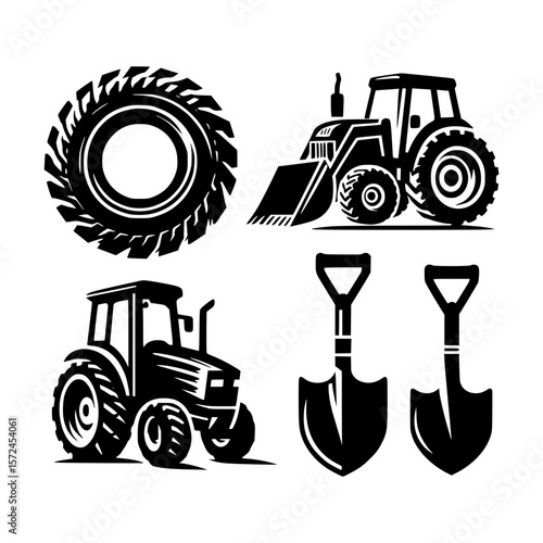 Farm equipment and tools silhouette collection