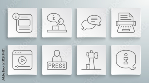 Set line Live stream, Television report, Journalist news, Antenna, Information, Speech bubble chat, Retro typewriter and icon. Vector