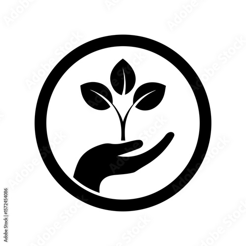 Minimalist hand holding sprout inside circle for growth eco and sustainability concepts