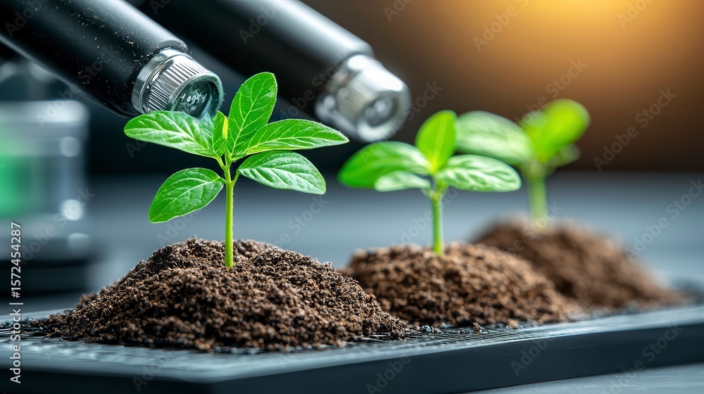 Naklejka premium Close up of Three Seedlings Growing in Dark Soil Under a Microscope