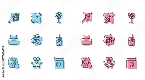 Set line Wooden barrel with honey, Honeycomb and hands, dipper stick dripping, Jar of, Bee honeycomb, Beekeeper protect hat and icon. Vector