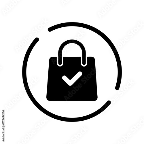 Minimalist bag with checkmark for online shopping success delivery or digital purchase icon