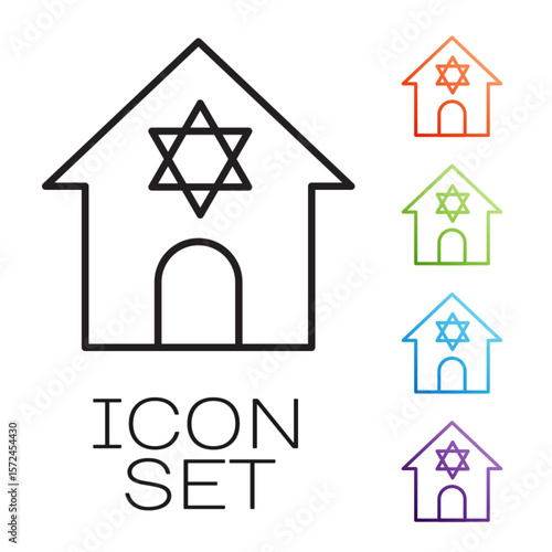 Black line Jewish synagogue building or jewish temple icon isolated on white background. Hebrew or judaism construction with David star. Set icons colorful. Vector