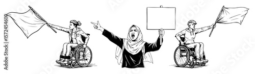 wheelchair activists waving flags and placard sketch illustration