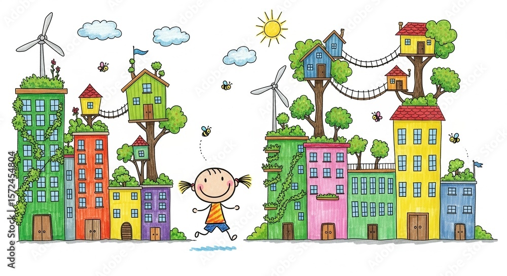 Obraz premium Cartoon of child in green city with treehouses and wind turbines, Sustainable urban planning, Eco-friendly architecture, Kids and environment, and Green city concept.