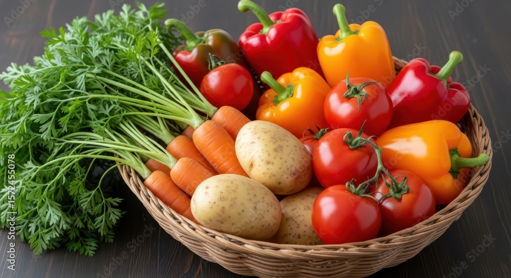 A vibrant basket overflowing with fresh vegetables, including carrots, peppers, tomatoes, and potatoes, sits on a dark wooden table A vibrant basket overflowing with fresh vegetables, including carrots, peppers, tomatoes, and potatoes, sits on a dark wooden table