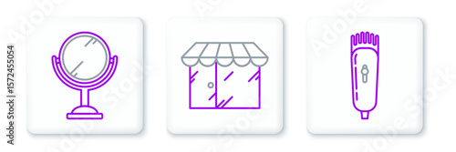 Set line Electrical hair clipper or shaver, Hand mirror and Barbershop building icon. Vector