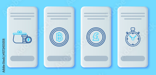 Set line Cryptocurrency coin Bitcoin, Coin money with pound sterling symbol, Wallet coins and Stopwatch icon. Vector