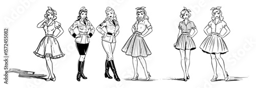 retro pinup girls set vintage 1950s fashion vector illustration