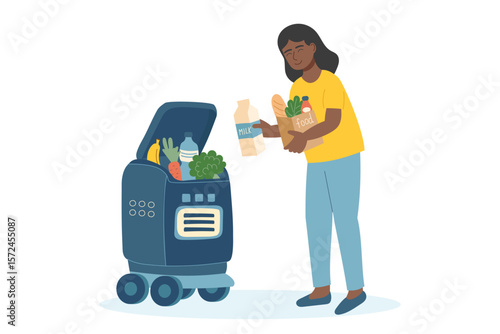 Сoncept of technology and robots delivery. A woman takes out food delivered to her by a delivery robot. Vector flat cliparts isolated on white.