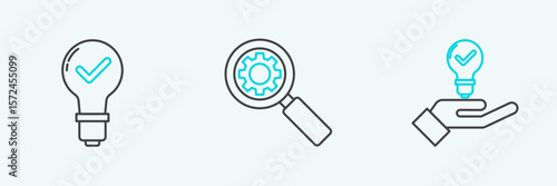 Set line Light bulb in hand, check mark and Magnifying glass gear icon. Vector