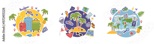 Set of travel collage cliparts with travel and summer conceptual objects isolated on white. Summer, vacation, travel destination concept. Vector flat illustration.