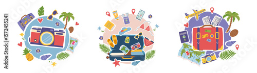 Set of travel collage cliparts with travel and summer conceptual objects isolated on white background. Summer, vacation, travel destination concept. Vector flat illustration.