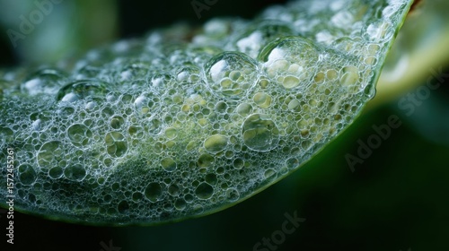 Close-up of a leaf with small bubbles on it. the leaf appears to be green and has a smooth texture.
