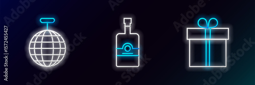 Set line Gift box, Disco ball and Whiskey bottle icon. Glowing neon. Vector
