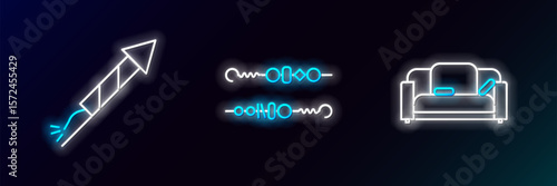 Set line Sofa, Firework rocket and Grilled shish kebab icon. Glowing neon. Vector