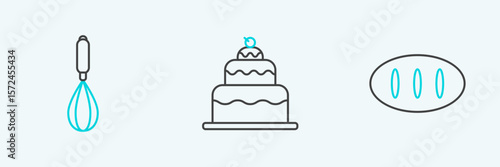 Set line Bread loaf, Kitchen whisk and Cake icon. Vector