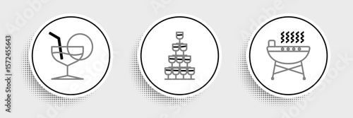 Set line Barbecue grill, Martini glass and Wine glasses stacked pyramid tower icon. Vector
