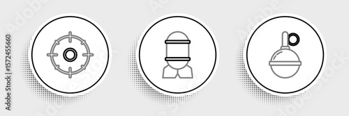 Set line Hand grenade, Target sport for shooting competition and Aviation bomb icon. Vector