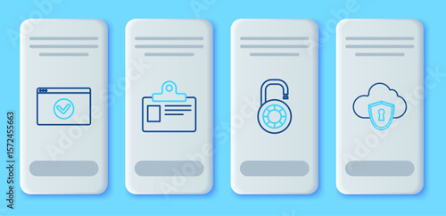 Set line Identification badge, Safe combination lock wheel, Secure your site with HTTPS, SSL and Cloud and shield icon. Vector