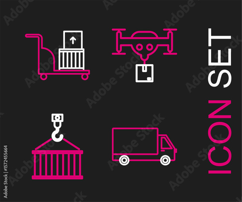 Set line Delivery cargo truck vehicle, Container on crane, drone with the package and Electric hand and boxes icon. Vector