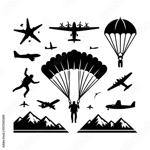 Diverse silhouettes of aircraft and parachuting activities with mountain scenery