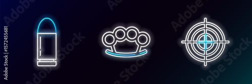 Set line Target sport for shooting competition, Bullet and Brass knuckles icon. Glowing neon. Vector