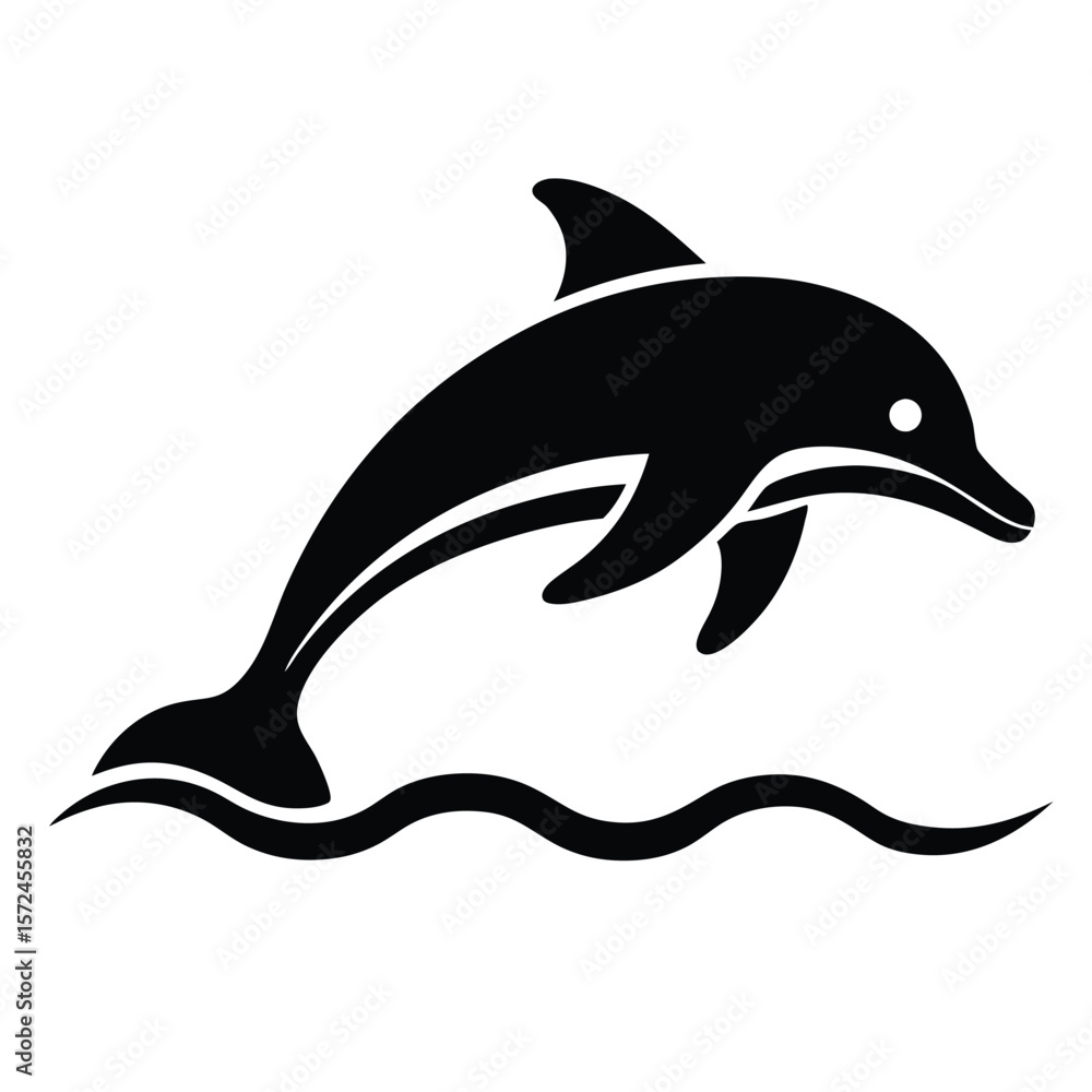 Fototapeta premium Black dolphin leaping stylized waves jumping