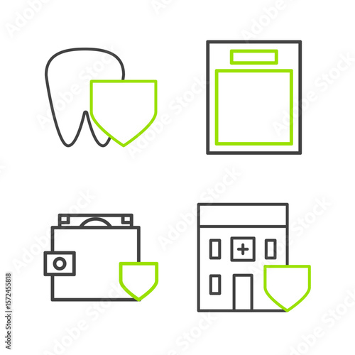 Set line Medical hospital building with shield, Wallet and money, Empty form and Tooth icon. Vector