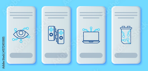 Set line Gamepad, Laptop, Virtual reality and Video graphic card icon. Vector