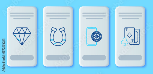 Set line Horseshoe, Online poker table game, Diamond and Playing card with diamonds icon. Vector