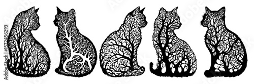 cat silhouette with tree inside double exposure concept