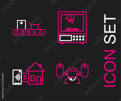 Set line Drone flying with action camera, Smart home, 3D printer and Conveyor belt cardboard box icon. Vector