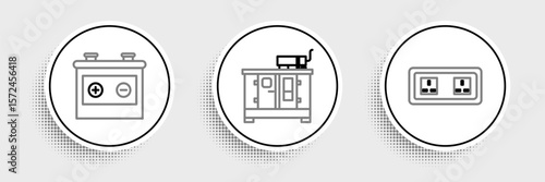 Set line Electrical outlet, Car battery and Diesel power generator icon. Vector
