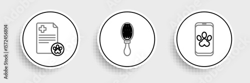 Set line Online veterinary clinic symbol, Clipboard with medical clinical record pet and Hair brush for dog and cat icon. Vector